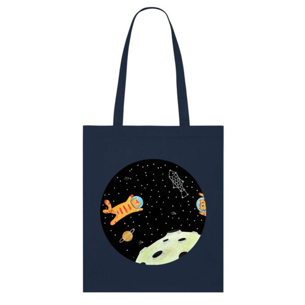 Sacoșă textilă din bumbac cu Space Cats pictată manual, culoare albastru navy