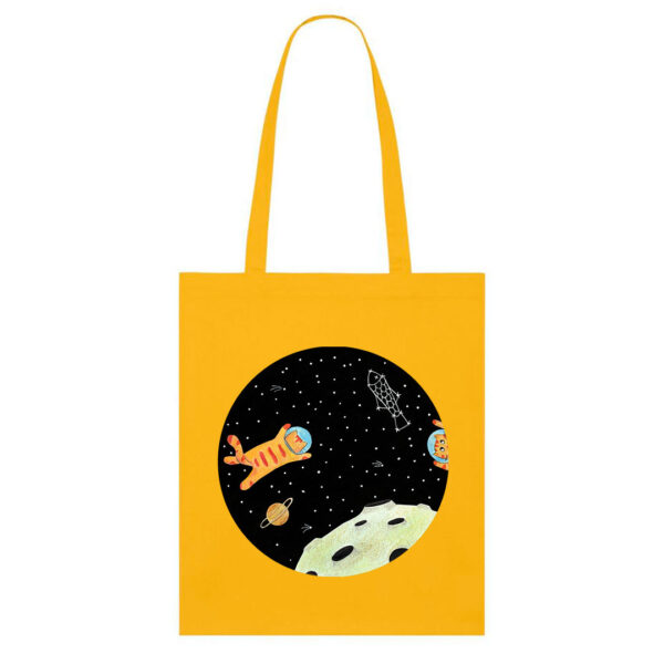 Sacoșă textilă din bumbac cu Space Cats pictată manual, culoare galben
