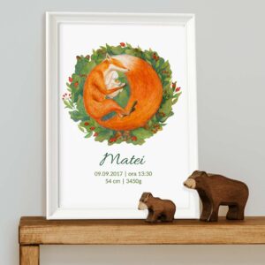 Ilustrație personalizată cu vulpe pentru nou-născut, cu nume bebeluș