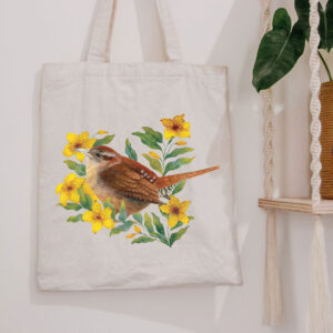 Sacoșă textilă din bumbac cu pasare pictată manual, culoare raw natural