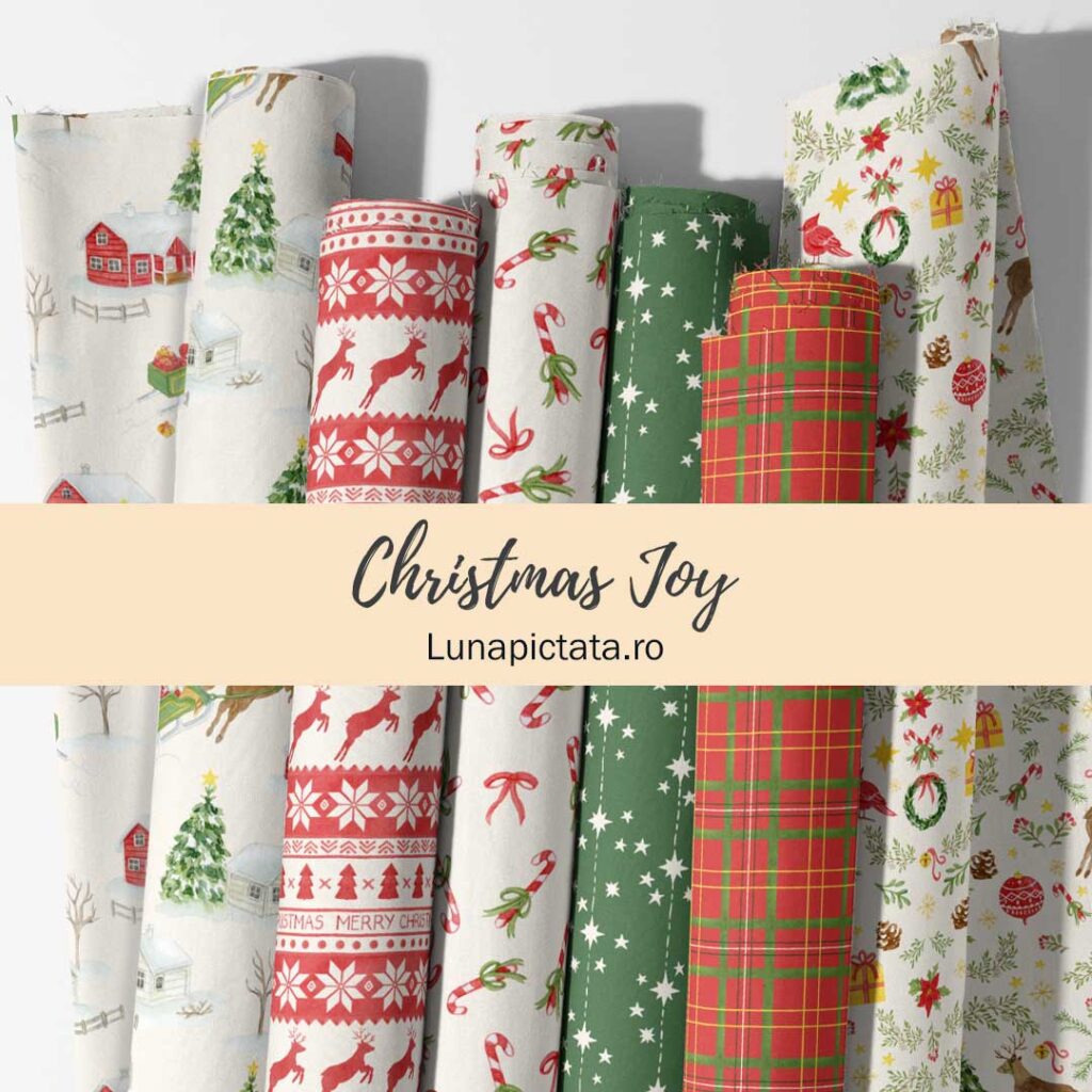 Fabric rolls featuring cottages, reindeer, and tartan from the Christmas Joy watercolor pattern collection.