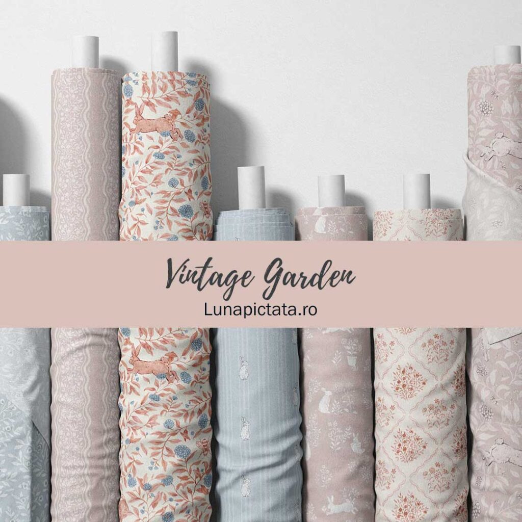 Fabric rolls with watercolor bunnies and botanicals from the Vintage Garden watercolor pattern collection.