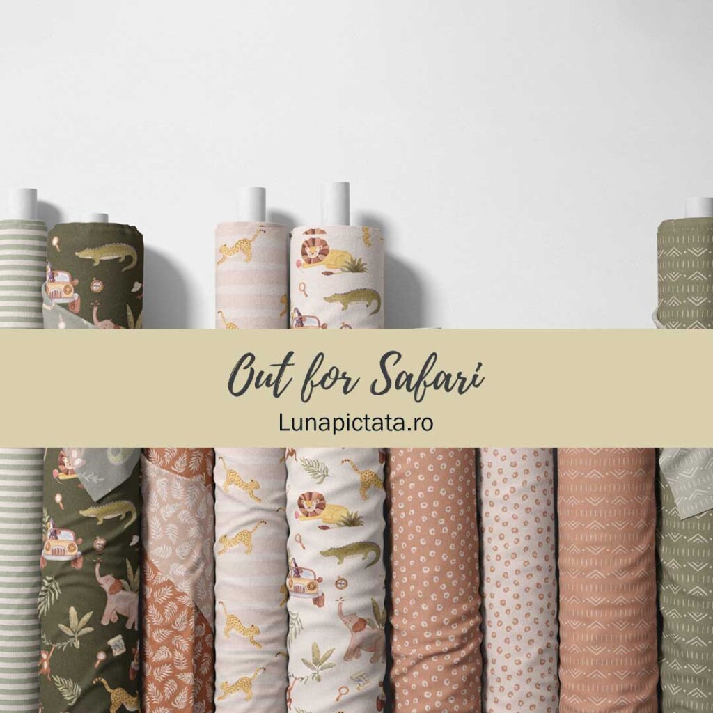 Fabric rolls featuring safari animals from the Out For Safari watercolor pattern collection.
