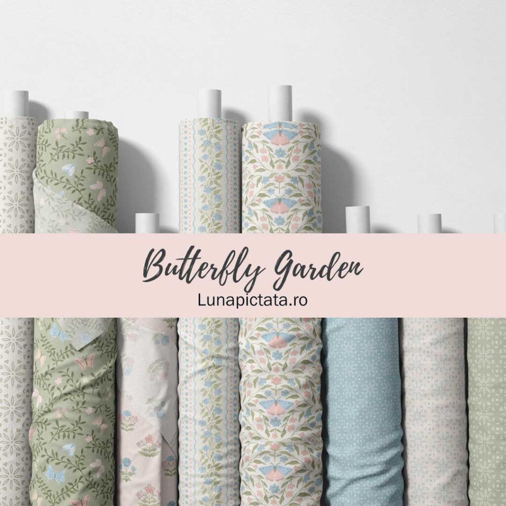 Fabric rolls featuring butterfly and floral designs from the Butterfly Garden watercolor pattern collection.